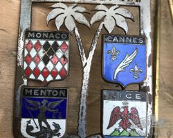 COTE D' AZURE CAR BADGE MONACO CANNES MENTON NICE ENAMEL &PLATE BRASS