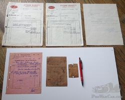 Bugatti Molsheim Factory Factures (Receipts), Letter, and Spare Inventory Parts Tags