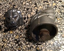 2 severe damaged mascots 1 x Peugeot lion inscription Gaudiche + original Mathis