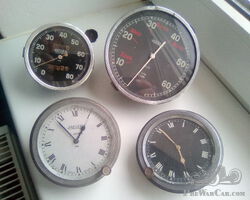 Jaeger speedometer, tachometer, clock.