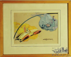 Watercolor painting of stylized Delahaye 135 Roadster (Figoni & Falaschi), framed in the passepartout | Autumn auction Automobilia Ladenburg November 6 / 7, 2020
