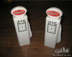 Pair of Porcelain Bugatti Salt and Pepper Pots in Petrol Pump Form