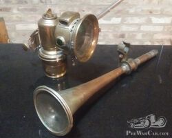 Lucas All Brass Acetylene Headlamp and Matching Trumpet horn for 1890s-Early 1900s Motorcycles or Bicycles