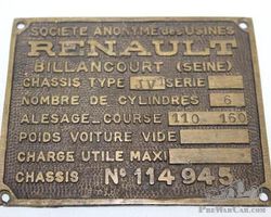 Brass Renault Serial Data Tag