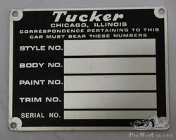 Tucker Motor Car Co Serial Data Tag