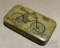 c.1890's Very Rare L.A.W Bicycle Sliced Plug Tobacco Advertising Tin. - Good Roads -