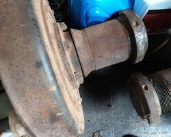 A pair of large (type 90) long spline French hubs with backing plates, brake drums and left and right caps.