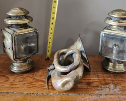 Pair of Large Brass Atwood-Castle Sidelamps and a Matching Triple Twist Horn